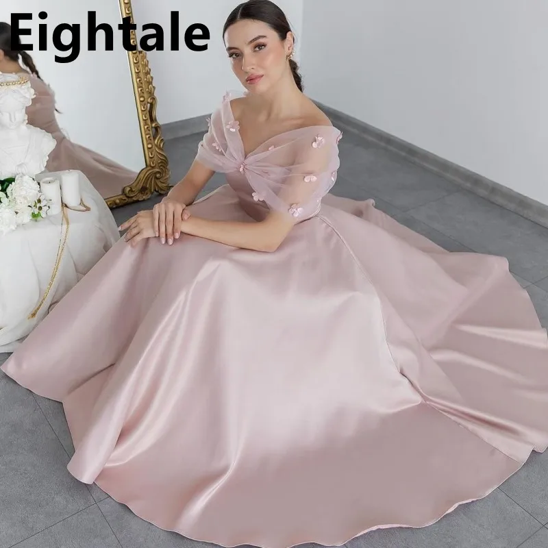 

Eightale 2025 Tea Length Blush Pink A Line Evening Dress Flowers Short Prom Dress Women Formal Party Gown Robes De Soirée