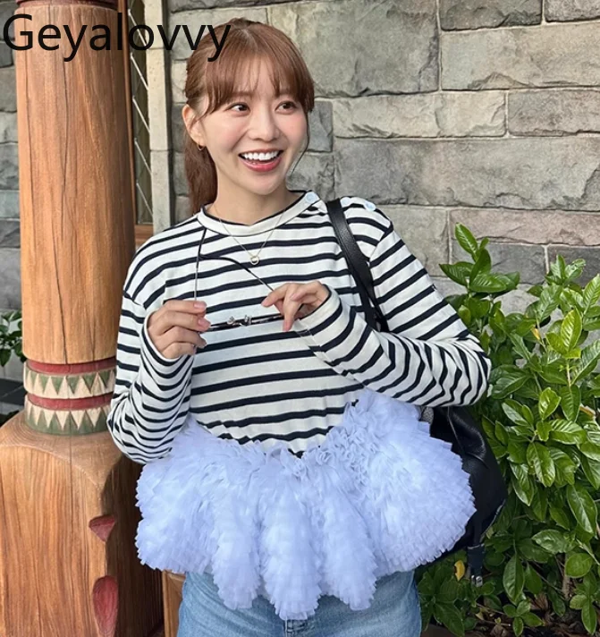 

Японская плиссированная пряжа с пышным подолом, лоскутная футболка с длинными рукавами, универсальный короткий топ из чистого хлопка в полоску для девочек