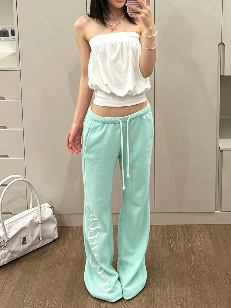 

Kliou Casual Fashion 2 Piece Set Woman Wrap Chest Backless Puffy Tank Tops+Letter Print Drawstring Long Pants Comfortable Suits