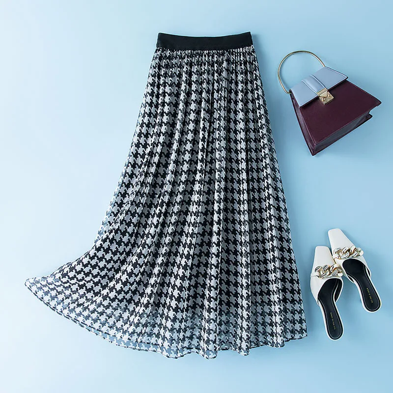 

Women's 100% Mulberry Silk Skirt, Long, Elastic, High-Waist, A-line, Swallow Gird, Plaid, Summer