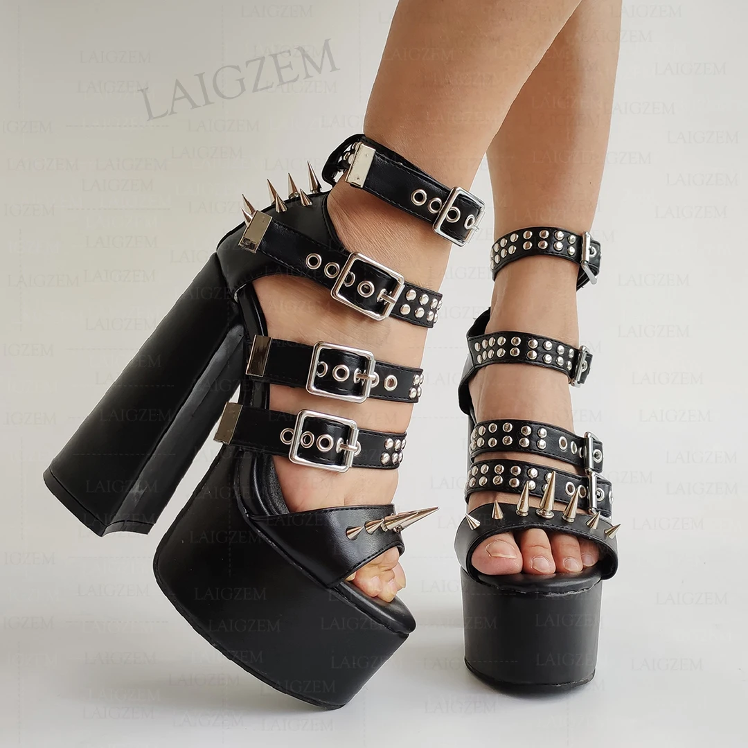 LAIGZEM Women Sandals Spikes Buckle Straps Chunky Square High Heels Sandals Party Punk Pumps Shoes Woman Large Size 38 41 44 47