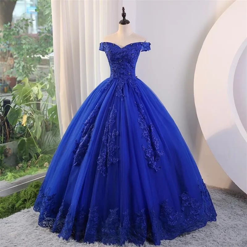 Ashley Gloria gaun pesta bunga manis gaun pesta New biru Quinceanera gaun pesta renda mewah Vestidos Boho klasik untuk anak perempuan