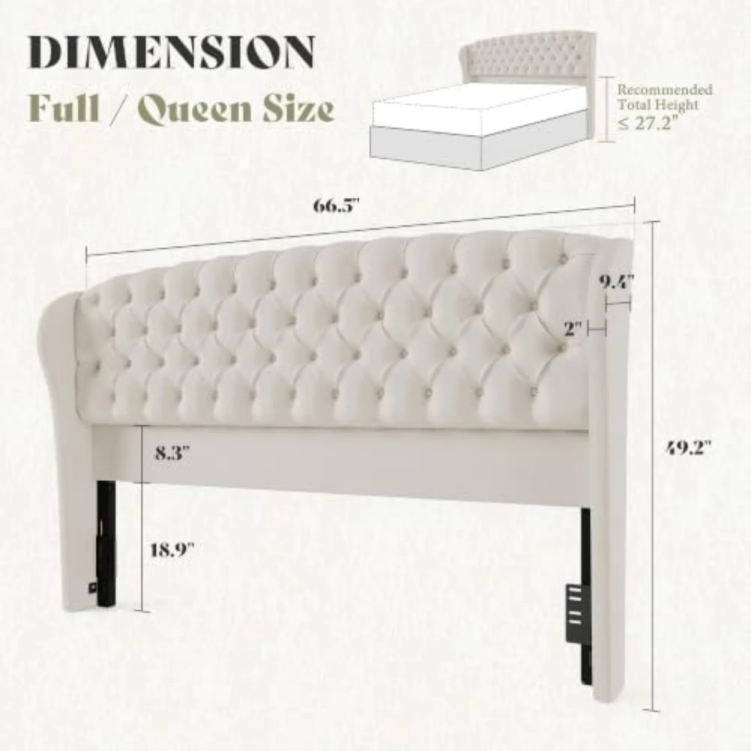 Full/Queen Headboard Only, Velvet Upholstered Wingback, Cream | velvet upholstery, deep button tufted, curved wingback