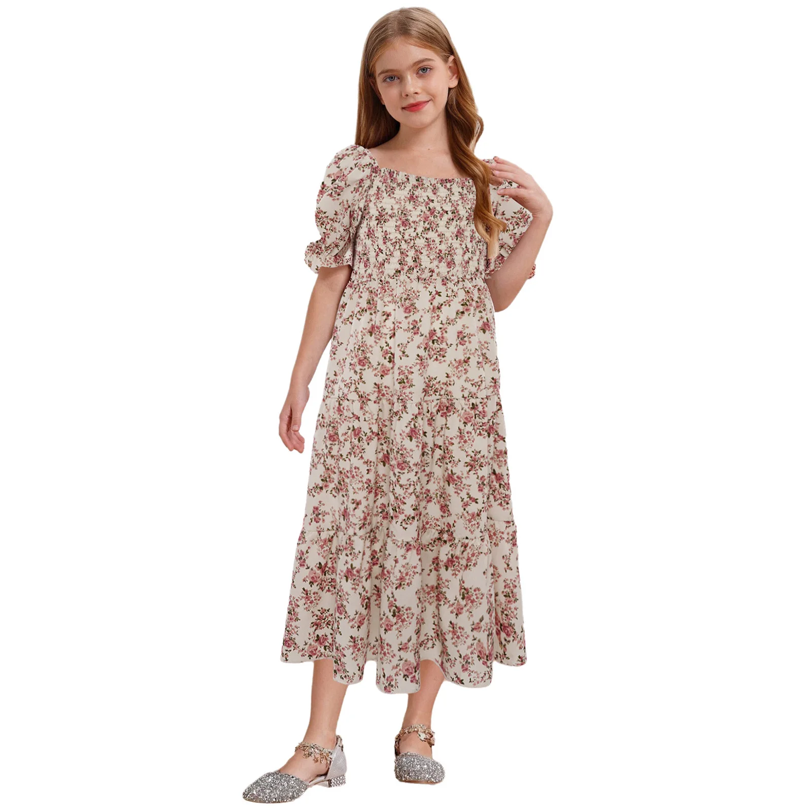 

Kids Girls Floral Print Dress Short Puff Sleeves Square Neck Maxi Dresses for Holiday Vacation Picnic Birthday Princess Dress