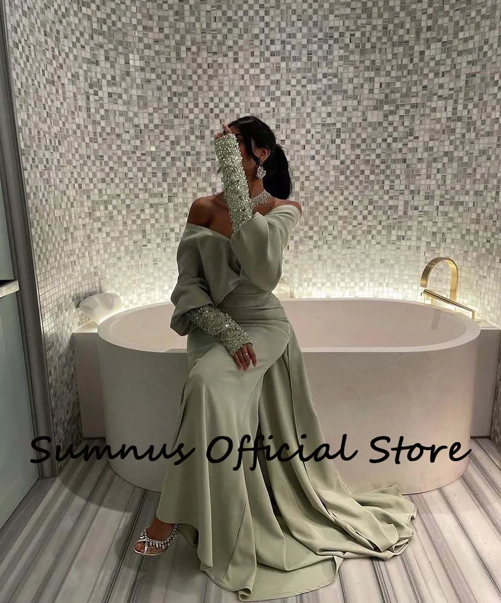 Sumnus Saudi Arabic Mermaid Evening Party Gowns Sexy Off Shoulder Sequins Long Sleeve Dubai Wedding Party Dresses with Train