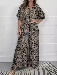 Macacões soltos casuais com estampa leopardo feminino, sexy e elegante calça reta longa, macacão de perna larga ocupado, festa elegante