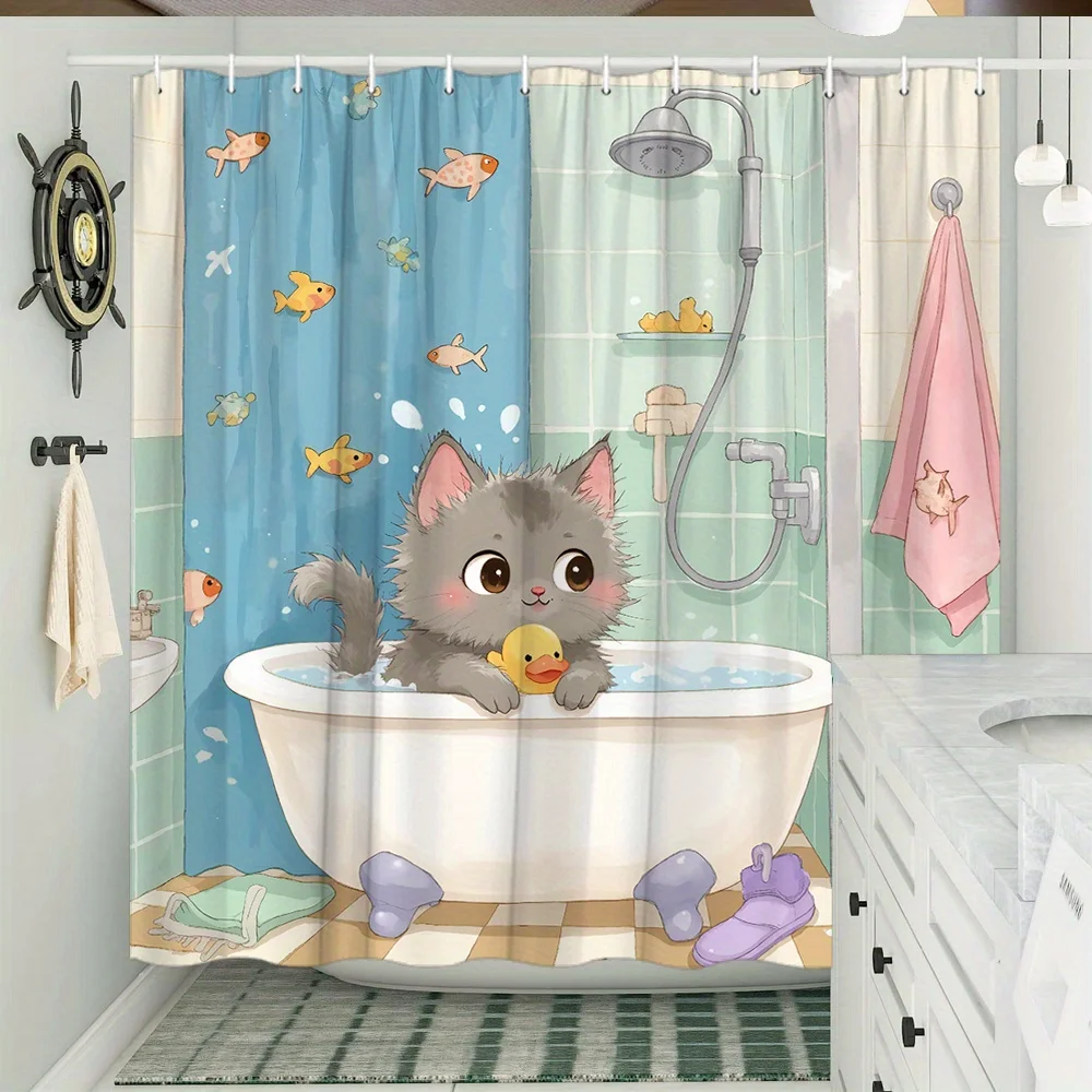 Cartoon Gray Kitten Bathing Rubber Duck Goldfish Print Shower Curtain Waterproof Mildew Resistant Polyester Fabric With Free Pla