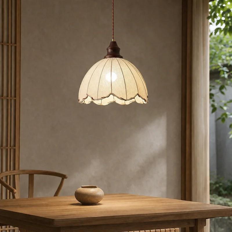 Wabi Sabi Fabric Wood Japanese Minimalist Floral Petal Shade Dining Room Kitchen Island Decor Hanging Ceiling Art Pendant Lamp
