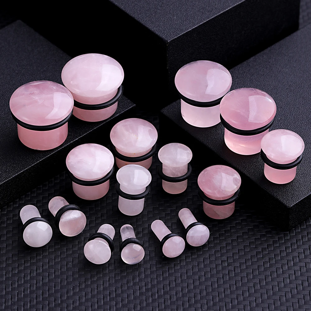 2pcs Rose Quartz Stone Natural Ear Plugs and Tunnels Single Flared Stone Earring Piercings Ear Gauges Expander Body Jewelry Gift