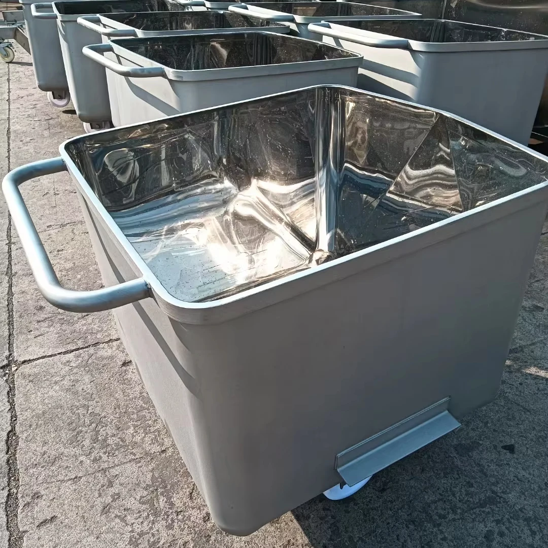 

SUS304 200L Meat Hanging Skip Car Trolley Lifting Machine Stainless Steel Meat Trolley Cart Buggy Meat Drum Trolley For Dumper