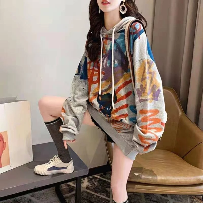 Top con cappuccio femminile Doodle Basic Y2k Vintage Novità Promozione Emo abbinato essenziale con Orint su felpe con cappuccio da donna