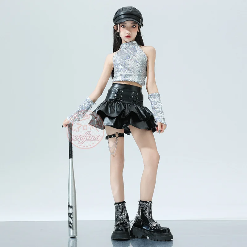 Mädchen K-Pop Silber Jacke Leder Stufenrock Cargohose Kleidung Set Kinder Hip Hop Street Dance Kostüme Kind Teenager Streetwear