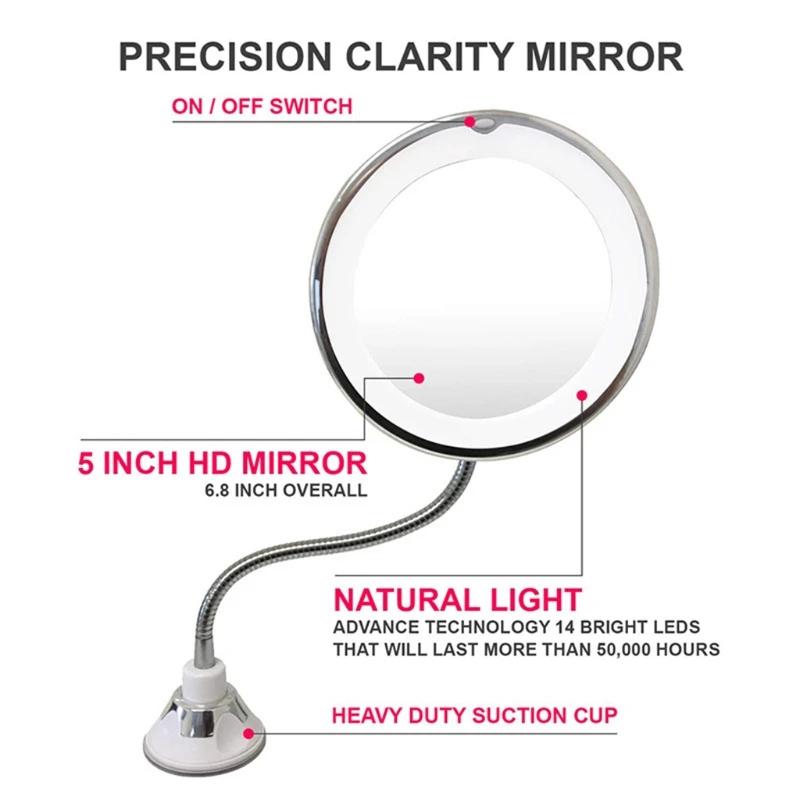 GU240 Flexible Gooseneck 10X Magnifying Makeup Mirror LED Lighted  with Suction Cup 360 Degree Swivel for Lady Girls Home Use