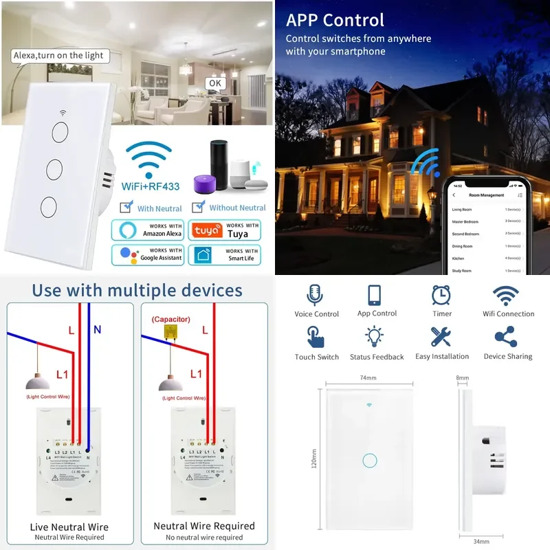 For Smart WiFi Touch Light Switch 1 2 3 4 Gang US Standard Neutral or No Neutral Required Works with Smart Life App