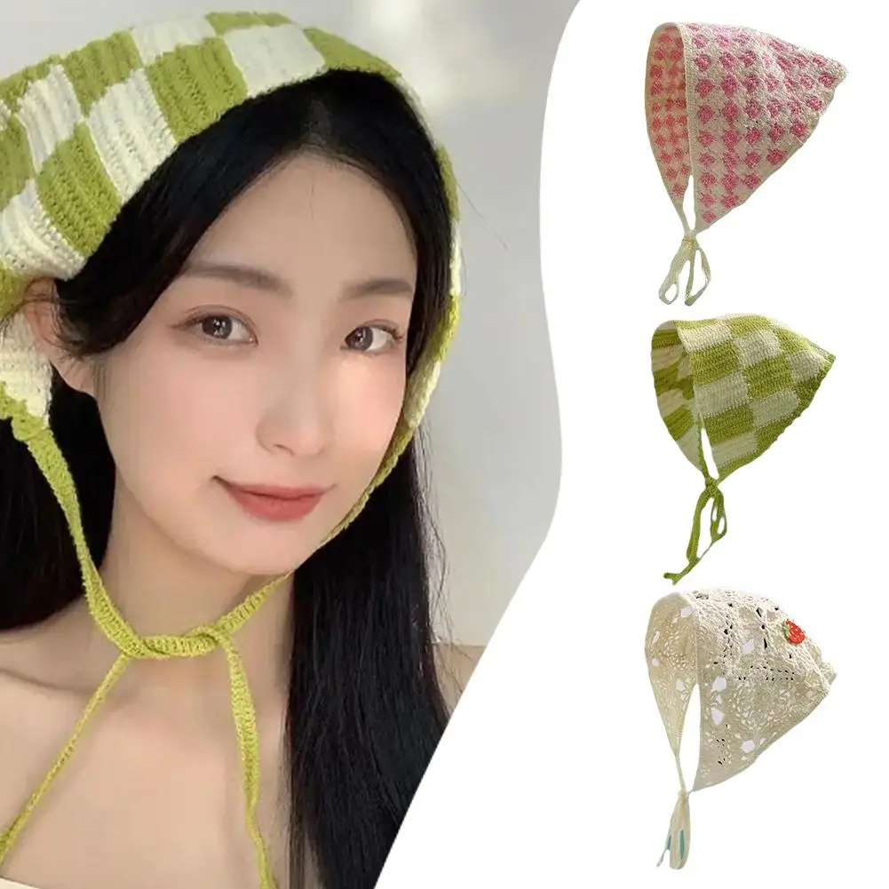 French Pastoral Style Triangle Headband Fashion Knitted Crochet Handmade Hair Headband Hat Headscarf Towel Flower Women's L B3U0