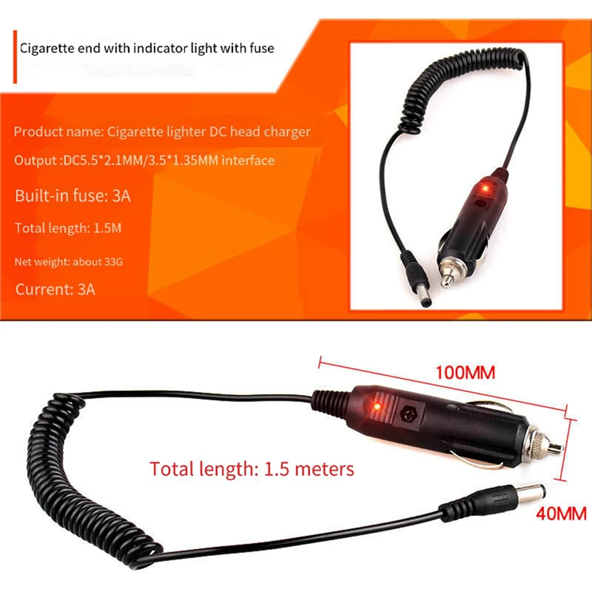 DC 12V Car Charger Power Cable Universal 5.5X2.1Mm for Car Lighter Built-in 3A Fuse with Indicator LightJAS