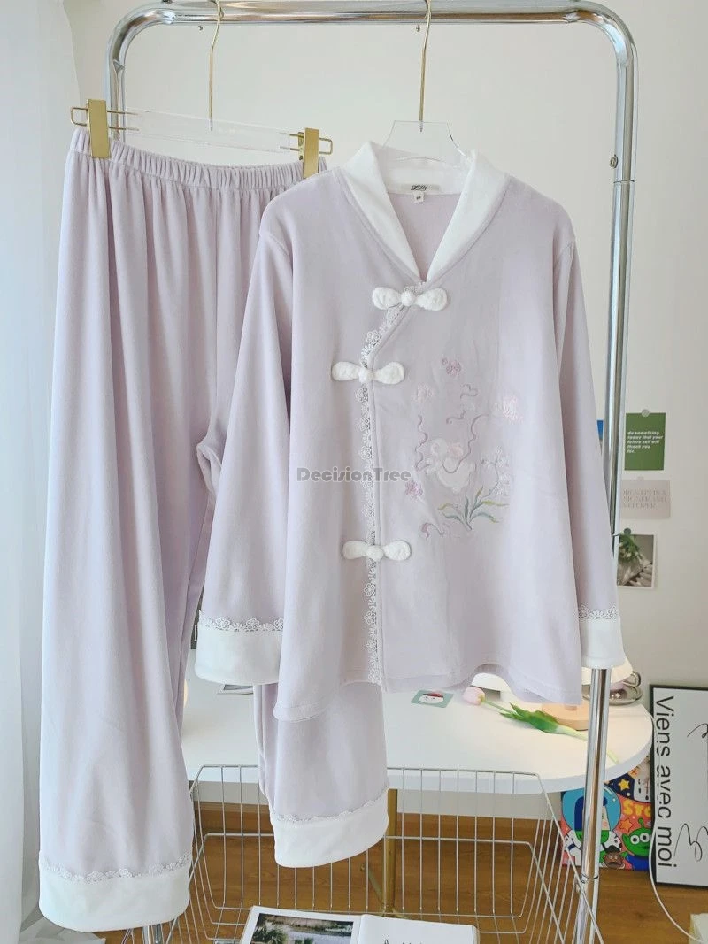 2024 chinese national style rabbit pattern velvet pajamas female autumn winter purple button chinese style home wear suit b120