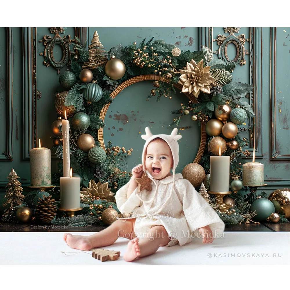 Green Christmas Background Wall Gold Xmas Ball Garland Backdrop Holiday Party Candle Booth Winter Family Portrait Photo Studio