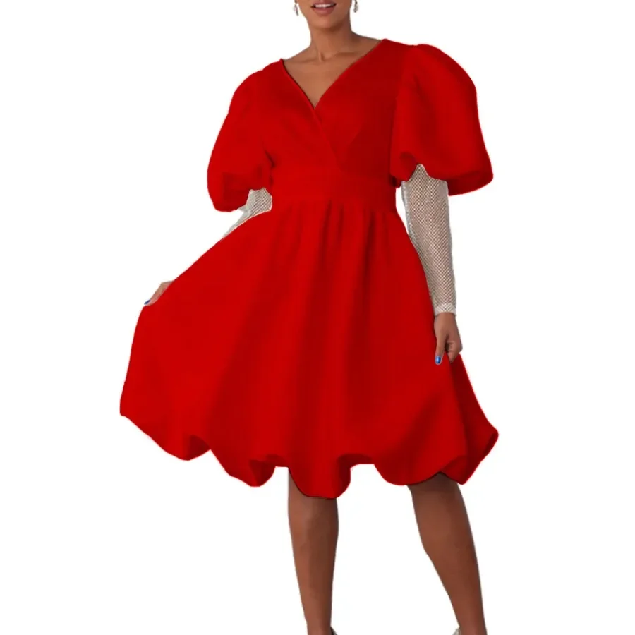 Elegante vestido de fiesta de boda africano para mujer, cuello en V, manga larga, poliéster, blanco, rojo, negro, ropa de noche de verano