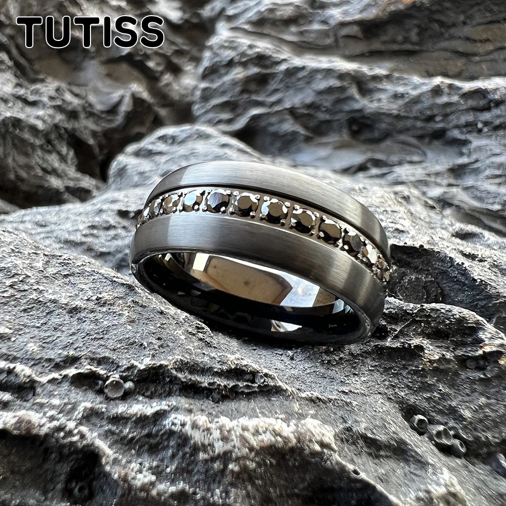 TUTISS 8mm Domed Brushed CZ Stone Inlay Black Tungsten Ring for Men Women Eternity Fashion Engagement Wedding Band