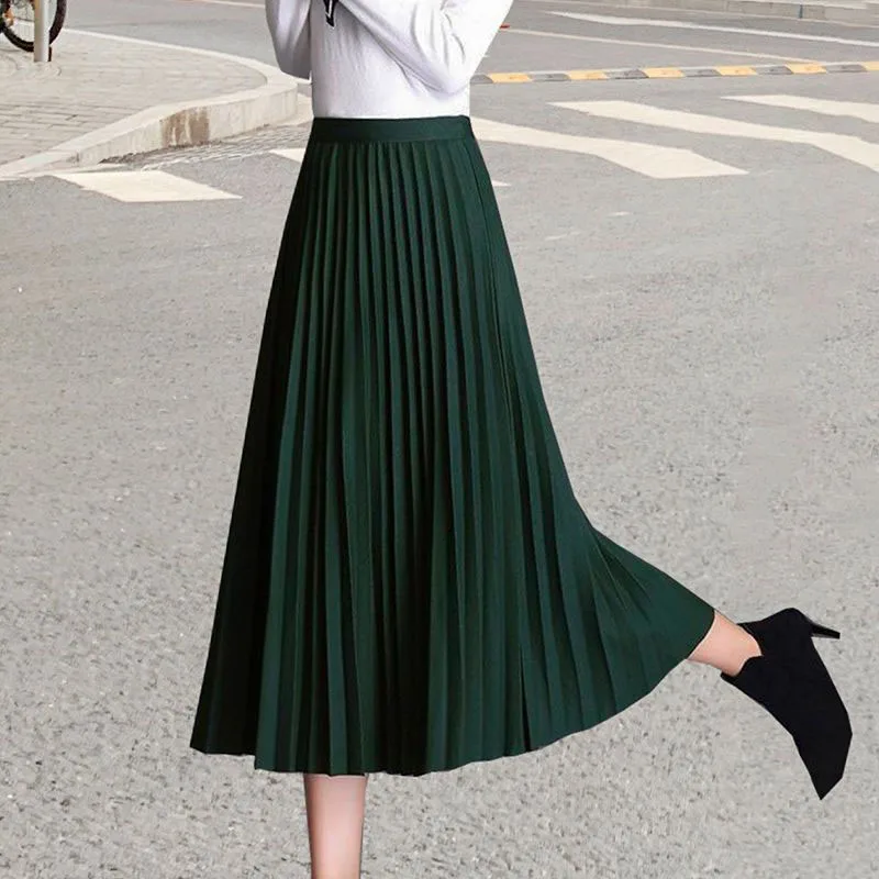 Lucyever Solid Woolen Pleated Skirts Women Autumn Winter All-Match Thicken A-Line Skirts Female Vintage High Waist Midi Skirt