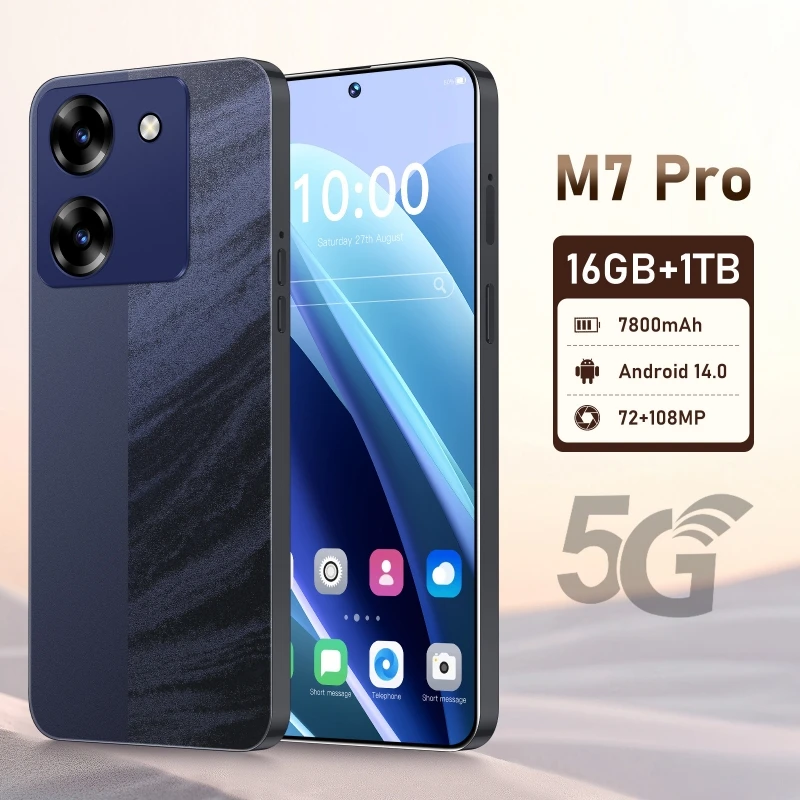 هاتف ذكي جديد 7800 مللي أمبير في الساعة 16 + 1 تيرا بايت 2025 M7 Pro بشاشة 7.3 بوصة 72 + 108 ميجابكسل ثنائي الشريحة 5G هاتف محمول Android14 الهواتف المحمولة Snapdragon8 gen3