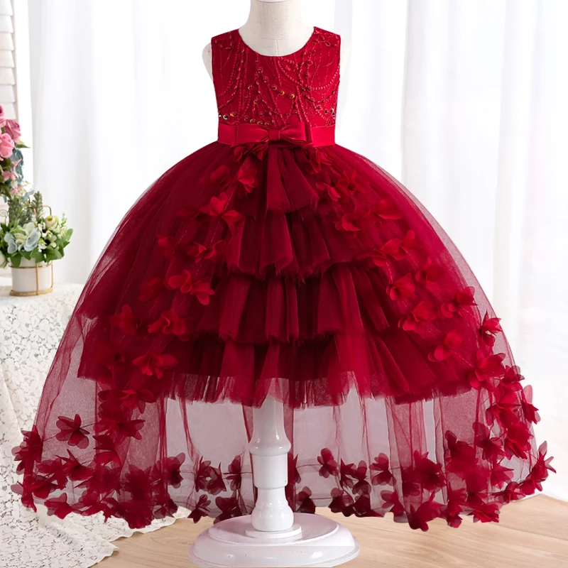 Girls\' lace bow dress 4-12 years old temperament flower sequin trailing princess dress 2023 new carnival party formal dress