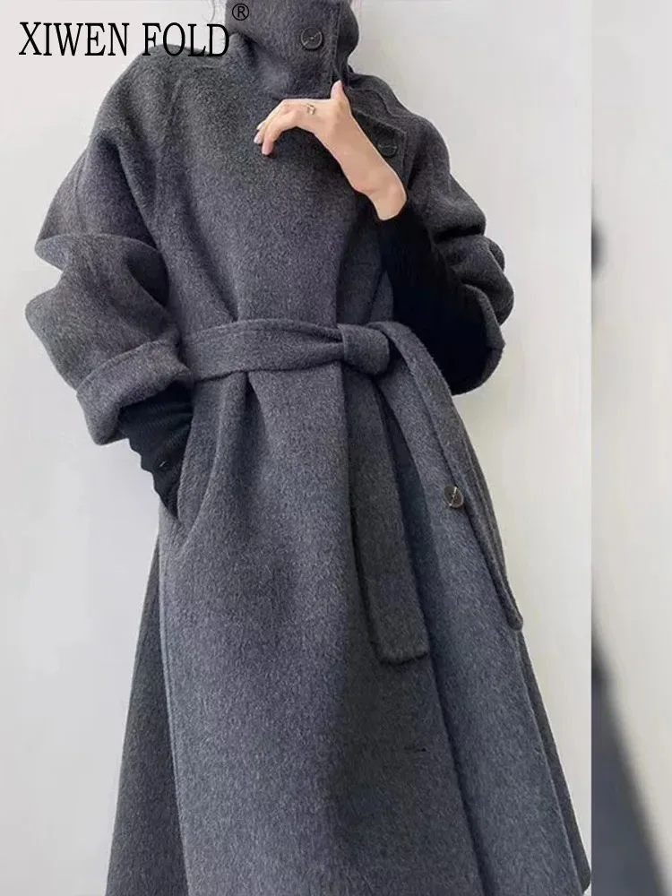 Xiwen-女性用の両面カシミヤコート,ゆったりとした服,襟を折りたたんだ,サイドバックルのデザイン,アウトドアスタイル,秋冬,xf553