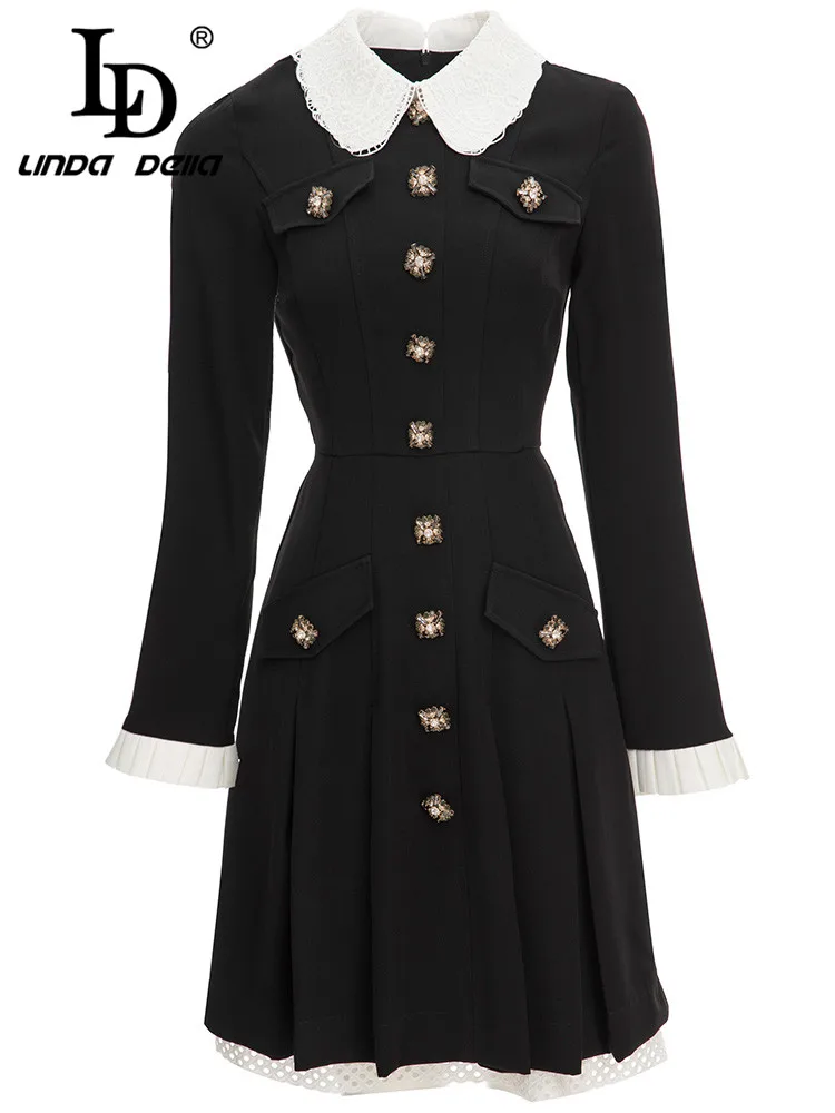 

LD LINDA DELLA Autumn Runway Casual Balck Mini Dress Women's Lace Turn-down Collar Beading Button Slim Fashion Short Dress