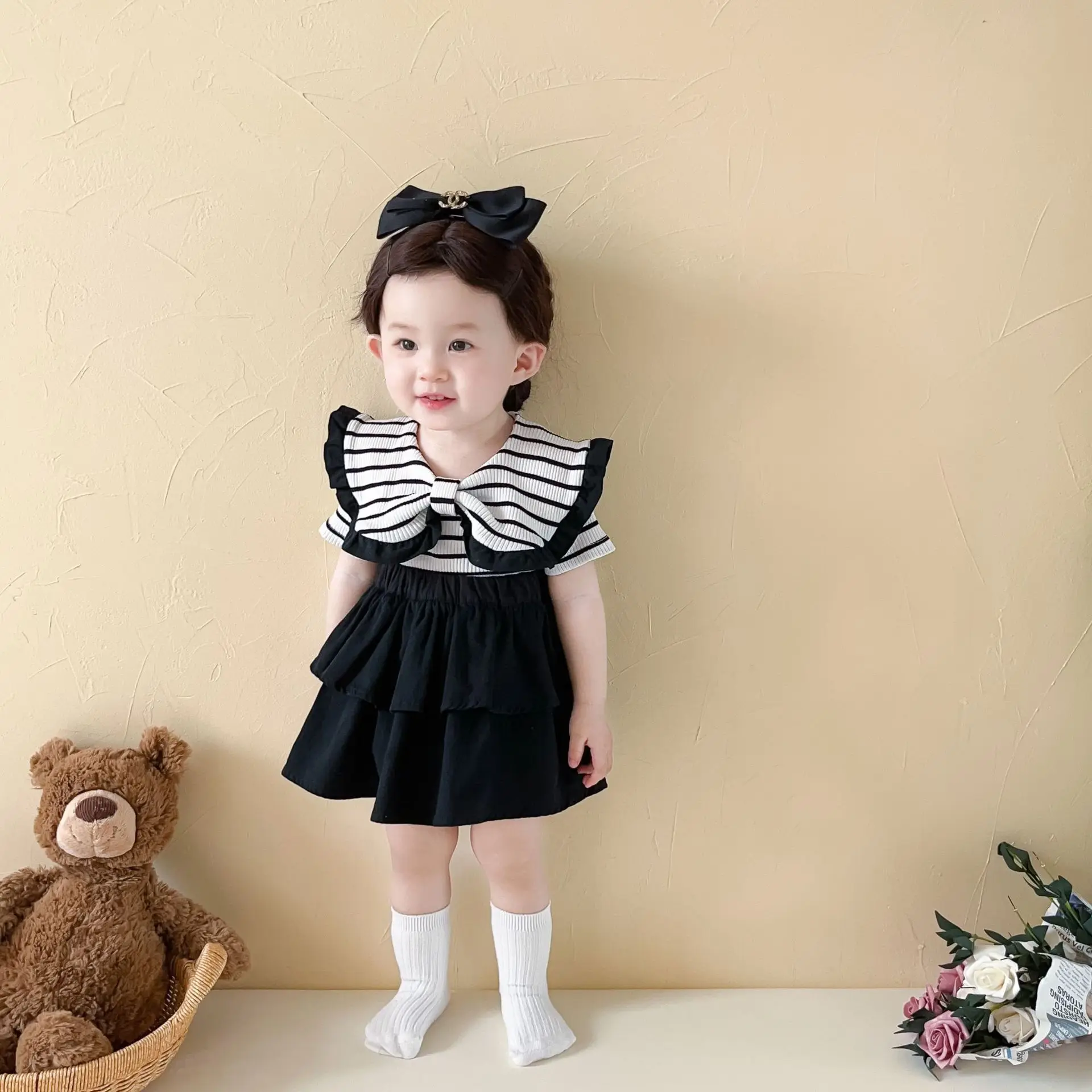 2024 Summer New Baby Striped Clothes Set Cute Infant Girl Short Sleeve Large Lapel Tops Toddler Princess Skirts Set Girls Outfit