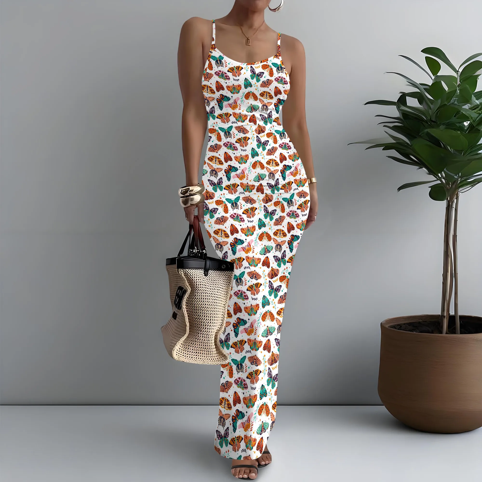 

Women's Spaghetti Strap Maxi Dress Retro Vintage Butterfly Print Stylish XS-3XL