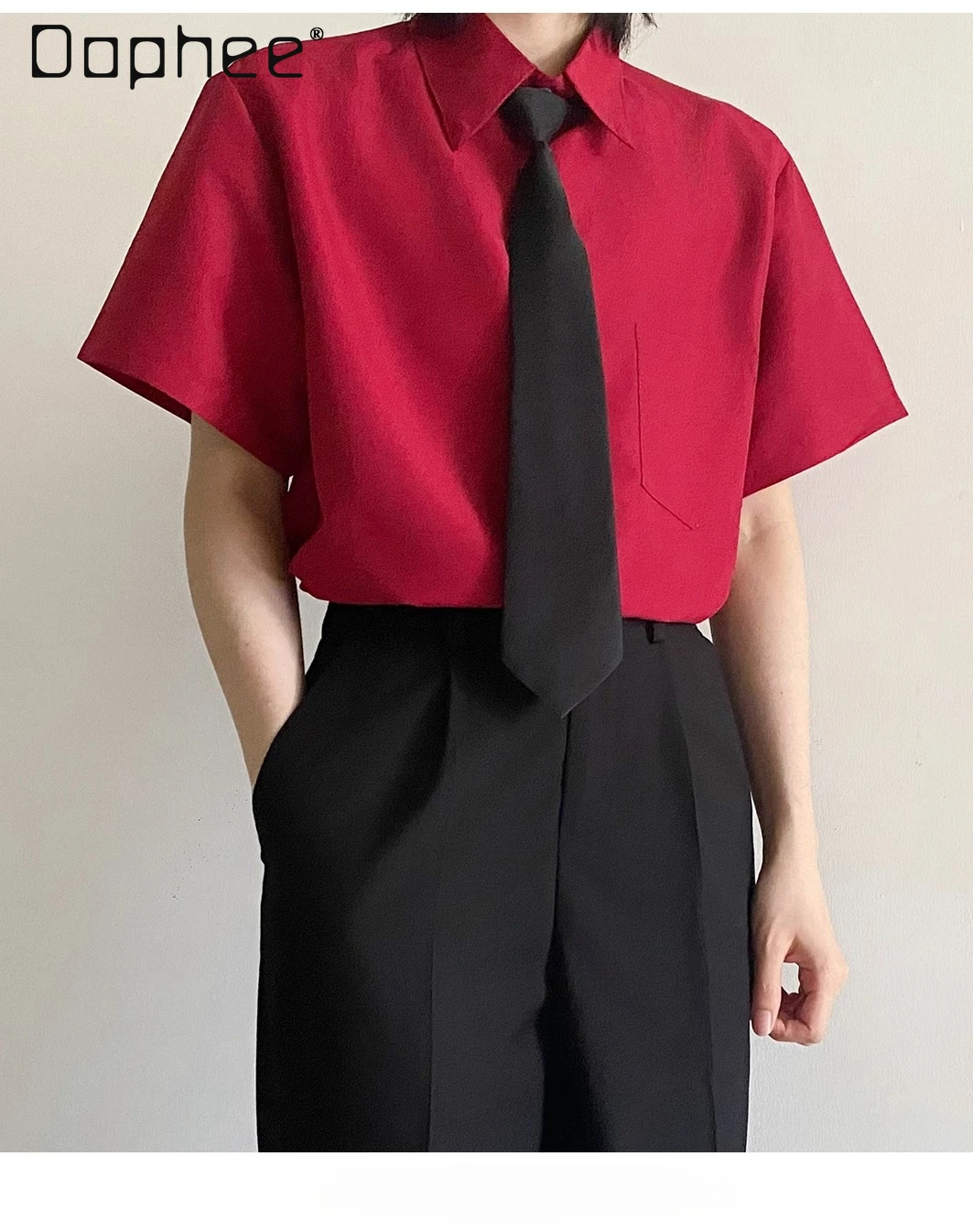 

2025 Summer and Autumn Simple Red Versatile Men's Short Sleeve Shirt Youth Turn-Down Collar Long Sleeve Slim Fit Shirt Tie Set