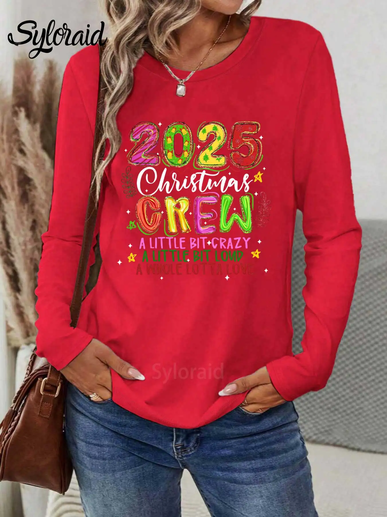 المرأة طويلة الأكمام تي شيرت عيد الميلاد طاقم ريونيون طباعة تي شيرت الأسرة عيد الميلاد 2025 قميص موضة الجولة الرقبة رداء علوي غير رسمي