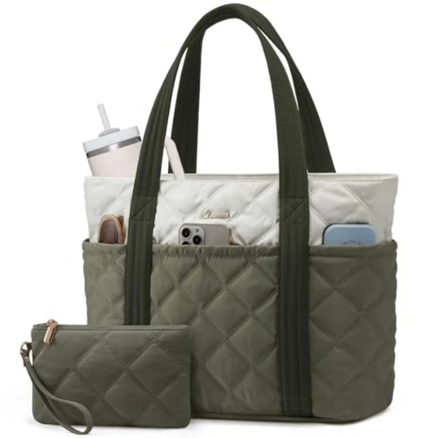 

LOVEVOOK Puffer Tote Bag for Women, Puffy Work Handbag with Cup Holder, Travel Carry On Bag with Zipper for Teacher Nurse Gym