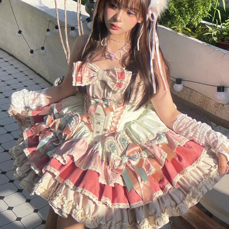 Japanese Sweet Lolita Jsk Dresses Kawaii Women Elegant Ruffles Bow Bandage Princess Strap Dress Harajuku Vintage Tea Party Dress