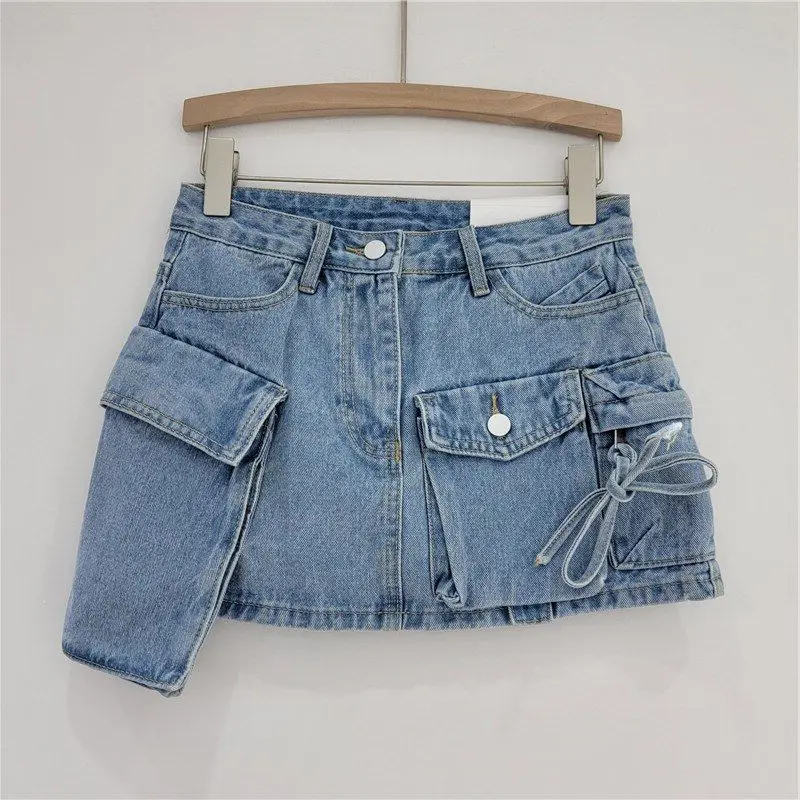 Fashion Irregular Pocket Cargo Denim Skirt Women Clothing Summer 2023 Sexy A-line Hip Skirts Female Bottoms Streetwear