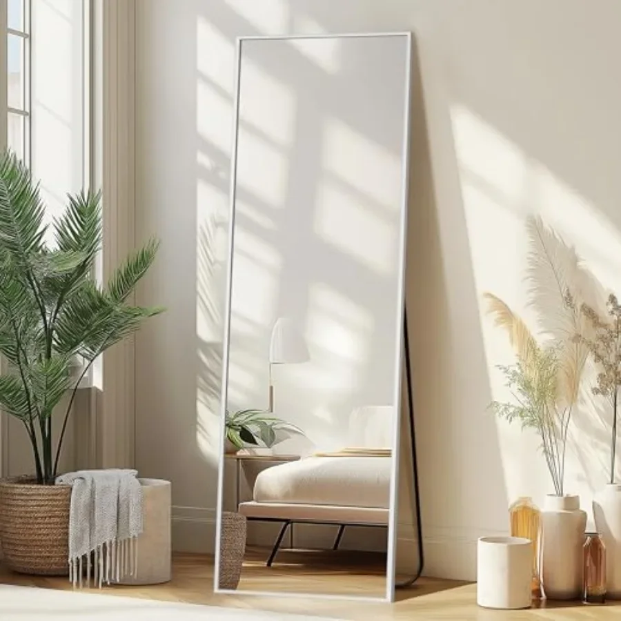 

Full Length Mirror for Bedroom Bathroom Living Room, Aluminum Frame, Silver, Freestanding or Wall Mount Design, 56 L x 15 W