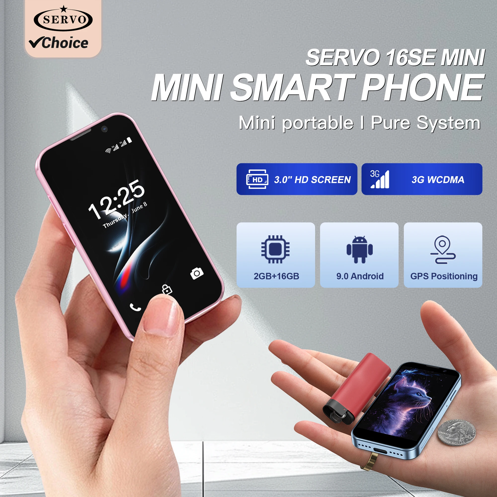 SERVO 3G Super Mini Smartphone Android 9.0 OS 2GB+16GB Face unlock Play Store WiFi Hotspot 2 SIM Standby 3.0'' Small Smart Phones