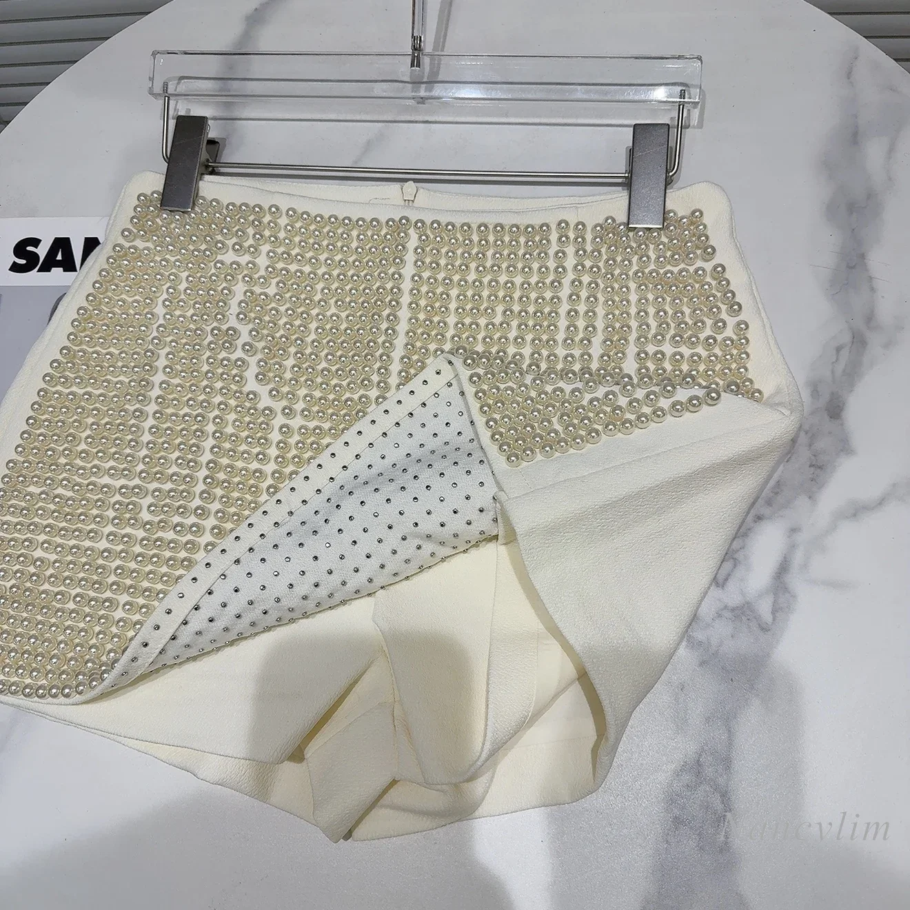 2025 Spring New French Celebrity Pearl Bead Skirt Shorts Ladies Chic Outfits Heavy Industry Beaded Shorts Apricot Black