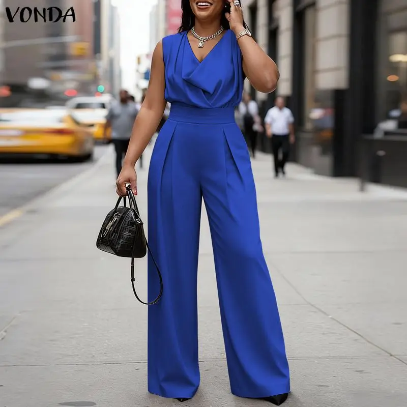 

VONDA Summer Women Jumpsuits Sleeveless Fashion Wide Leg Jumpsuits Rompers Playsuit Elegant OL Work Overalls Solid Trousers