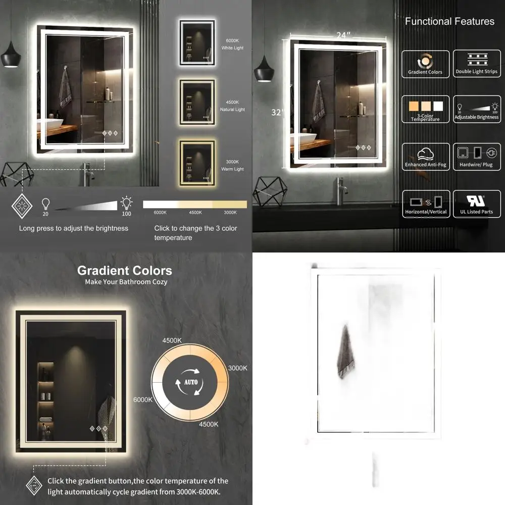 

Светодиодное зеркало для ванной комнаты 24x32 дюйма с градиентным освещением, 3-цветная регулировка яркости, высокий CRI, противотуманное, подвесное зеркало для туалетного столика