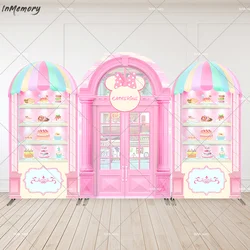 Minnie Mouse Cake Shop Baby Shower Arch Backdrop Cover Pink Bow Candy Bar Arched Wall Girl Birthday Decoration Photo Background