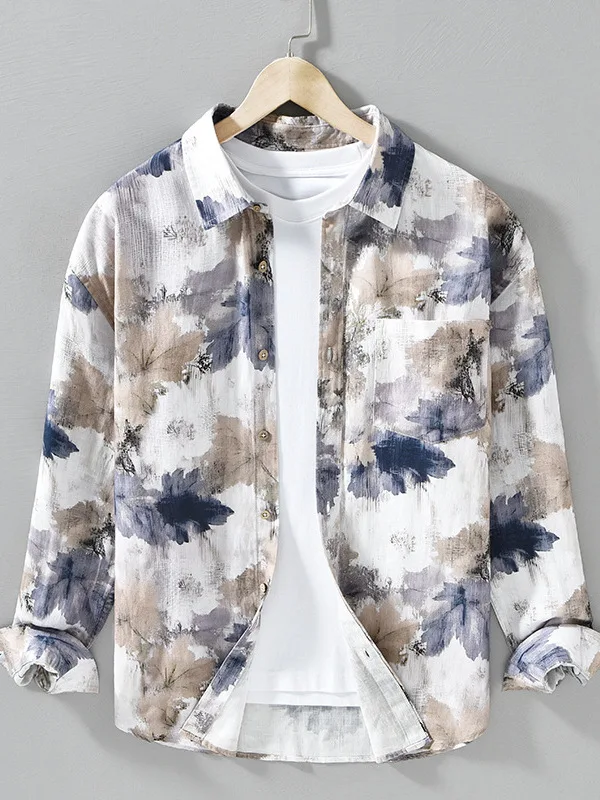 

Men's Long Sleeve Linen Blend Shirt Casual Print Street Style Loose Fit Breathable Lenzing Hemp Spring Summer Vacation