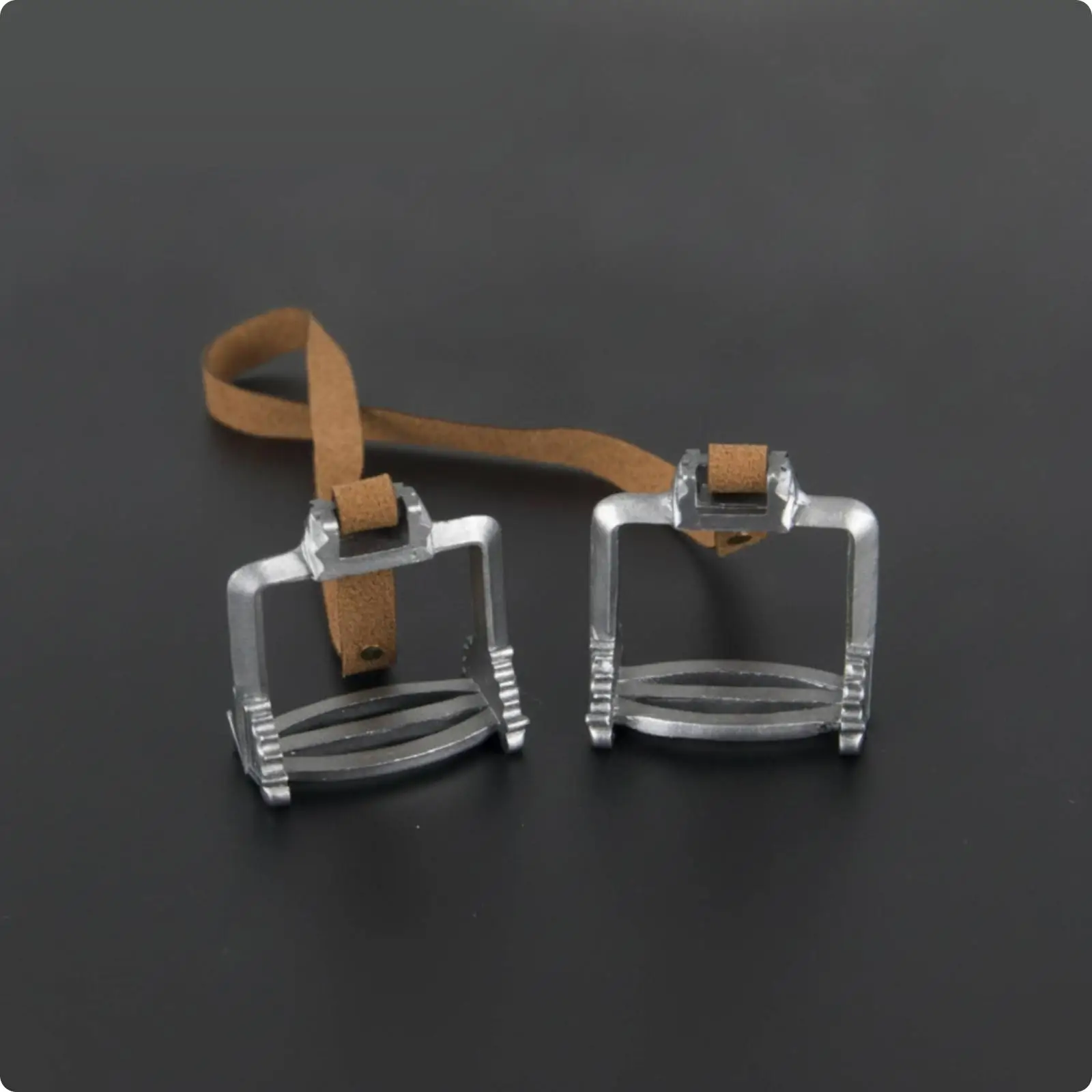 Decorative Miniature Horse Tack Alloy Stirrup Pair with Brown Strap for Dollhouse Equestrian Scene Styling