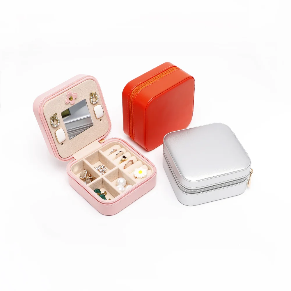 

Square Leather Jewelry Box Portable Earrings Ring Storage Box With Mirror Jewelry Organizer Necklace Case Eco Friendly