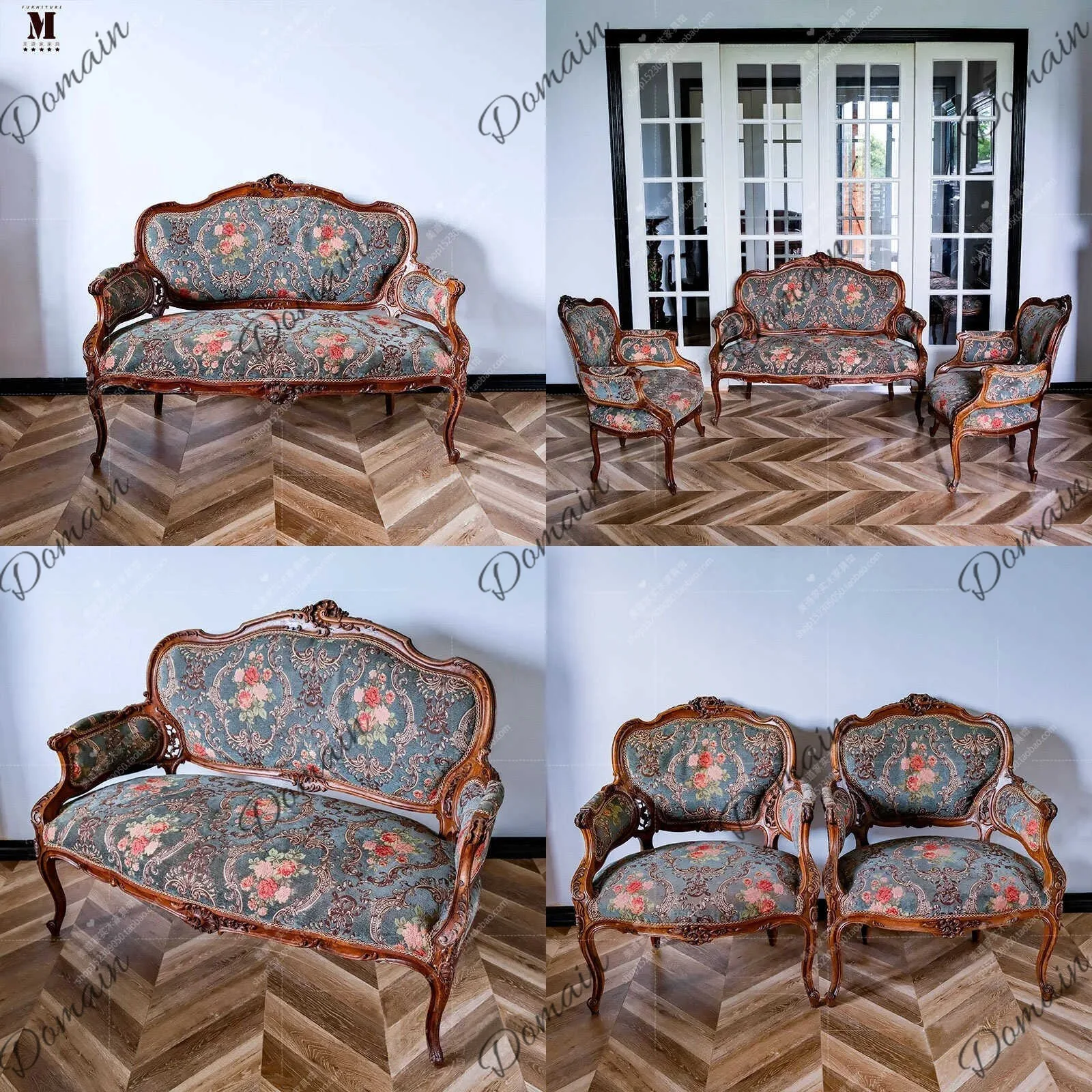 French retro solid wood double sofa chair fabric living room small apartment American country carved villa studio sofa
