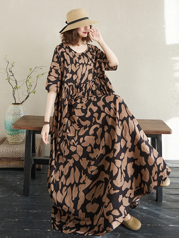 Summer New plus Size ort Sve round Ne Print Long Dr Faionable Simple Cross-Border Women's Dr Cotton Viscose Blend