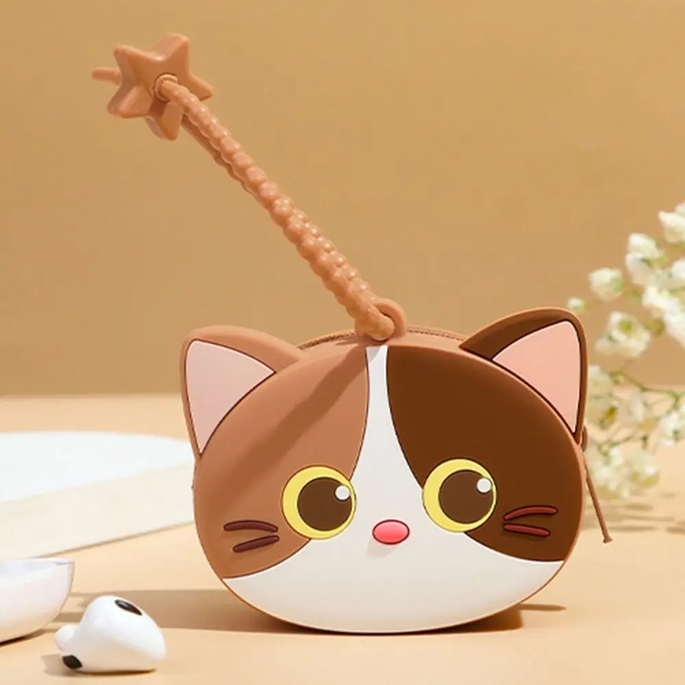 Cute Cartoon Cat Silicone Coin Purse with Keyring Storage Bag Pendant Kids Coin Bag Data Cable Earphone Organizer Coin Key Pouch