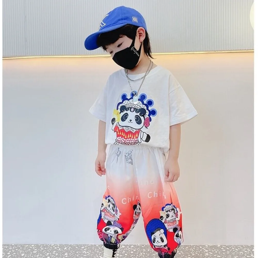 Boys' Chinese Style Cartoon T-shirt Pants Summer Suit Handsome New Children's Fashion Two-piece Suits Trendy Baby Casual Set