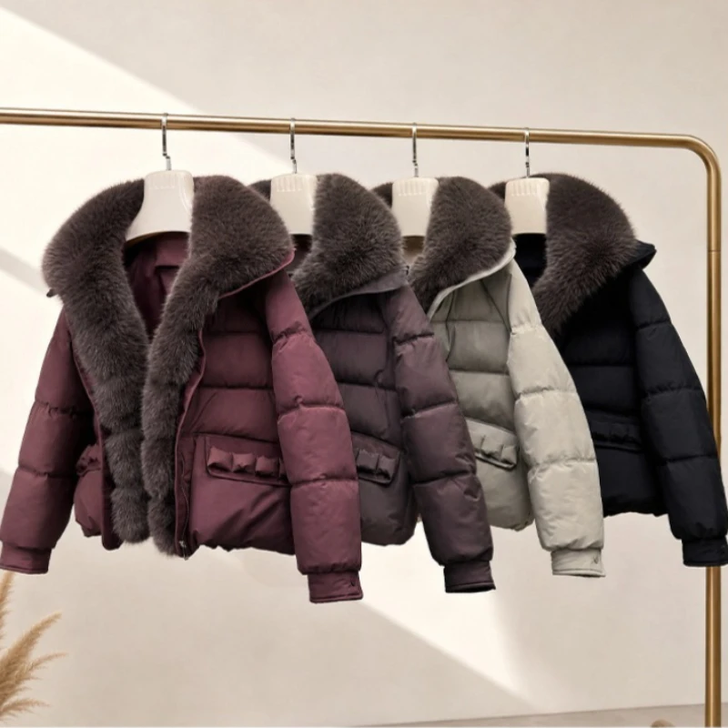 2026 Fashion Big Fur Collar Winter Coat Women's Short Parkas Down Cotton-padded Jacket Thicken Warm Loose Coats Lady Outerwear